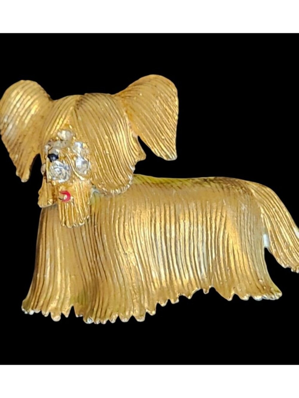 Vintage Gold-Tone Lhasa Apso Brooch Rhinestone Accents Doggie Jewelry